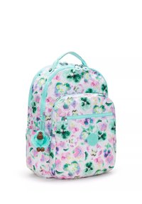 Ryggsäck i blommigt mönster med mintgrönna detaljer, innehållande två fack, en lekfull apa nyckelring och en texturerad dragkedja.