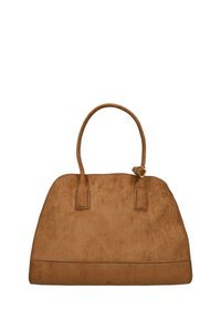 Bruine suède handtas met een gestructureerde vorm, korte handvatten en een platte basis. Beschikt over een zichtbare gouden riemdetails op een handvat.