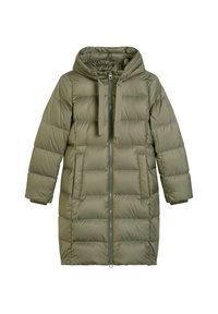 Olijfgroene pufferjas met capuchon, ritsluiting, zijzakken en een doorstikte textuur in een middellange uitvoering.