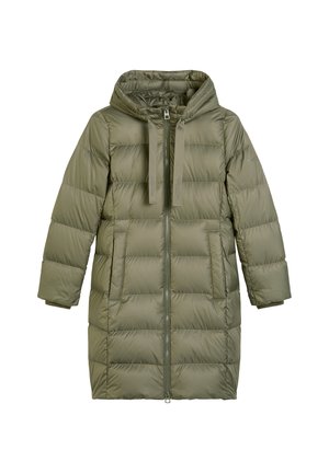 Olijfgroene pufferjas met capuchon, ritsluiting, zijzakken en een doorstikte textuur in een middellange uitvoering.