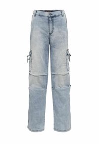 Lichtblauwe cargobroek van denim. Kenmerken zijn onder andere een rechte pijp, twee zijzakken, een knoopsluiting en zichtbare stikdetails.