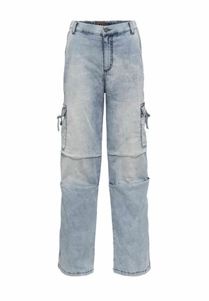 Helle blaue Cargo-Hosen aus Denim. Merkmale sind eine gerade Beinform, zwei Seitentaschen, ein Knopfverschluss und sichtbare Nahtdetails.