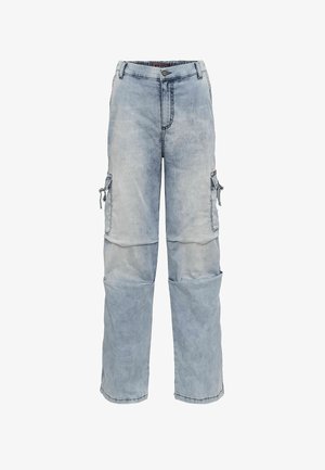 Helle blaue Cargo-Hosen aus Denim. Merkmale sind eine gerade Beinform, zwei Seitentaschen, ein Knopfverschluss und sichtbare Nahtdetails.
