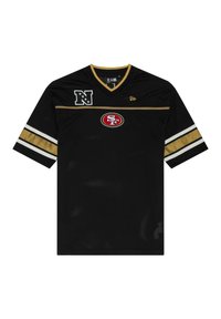 Black mesh jersey with a V-neck, featuring gold and white stripes on sleeves, prominent SF logo, and NFL shield. Breathable fabric.