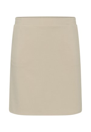 Jupe droite beige longueur genou avec une large ceinture élastique, tissu lisse, sans motifs ni ornements visibles.