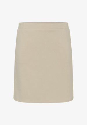 Béžová sukňa rovného strihu dĺžky ku kolenám so širokým elastickým pásom, hladkým materiálom bez viditeľných vzorov alebo zdobení.