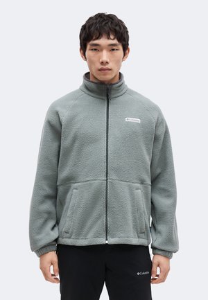 Uomo che indossa una giacca in pile verde-grigio chiaro con cerniera frontale completa e pantaloni neri, in piedi davanti a uno sfondo semplice.