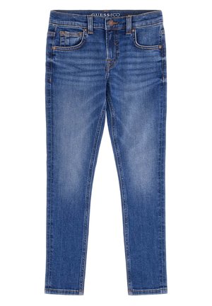 Jeans skinny in denim blu con vita media, cinque tasche e un leggero effetto sbiadito. Presentano cuciture a contrasto e una chiusura con bottone standard.