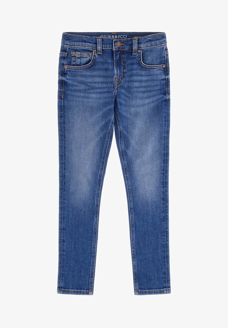 Modre skinny jeans iz jeansa z srednjim pasom, petimi žepi in subtilnim zbledeljem. Imajo kontrastne šive in standardno gumbno zapiranje.