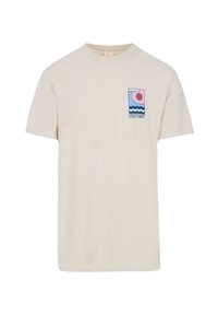 Beige T-shirt made from soft fabric featuring a colorful graphic design of a wave and sun in a square, with the word "PROTECT" below.