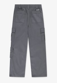 Gray cargo pants with elastic waistband, belt loops, two back pockets, and side flap pockets, branded with Abercrombie label.