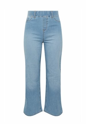 Hellblaue Jeans aus Denim mit hoher Taille, Vorder- taschen und leicht ausgestellten, kurz geschnittenen Beinen.