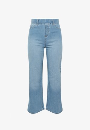 Hellblaue Jeans aus Denim mit hoher Taille, Vorder- taschen und leicht ausgestellten, kurz geschnittenen Beinen.