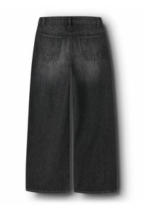 Pantalon en denim noir à jambes larges avec une taille haute, doté de deux poches arrière et d'un design épuré et sans ornement. Tissu texturé et coutures solides.