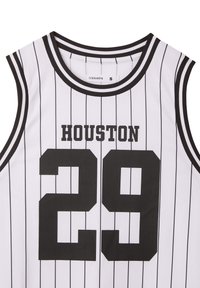 Canotta da basket bianca con strisce verticali nere. Presenta il testo "HOUSTON" sopra il numero "29" in grassetto font nero. Realizzata in tessuto texturizzato.