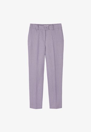 Helle Lavendel-Hosen mit maßgeschneidertem Schnitt, Knopfverschluss und vorderen Falten. Aus einem strukturierten, leichten Stoff gefertigt.