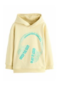 Gelbe Kapuzenjacke aus weichem Material mit lässiger Passform. Mit türkisfarbenem Text und einem auffälligen Grafikdesign von Kopfhörern auf der Vorderseite.