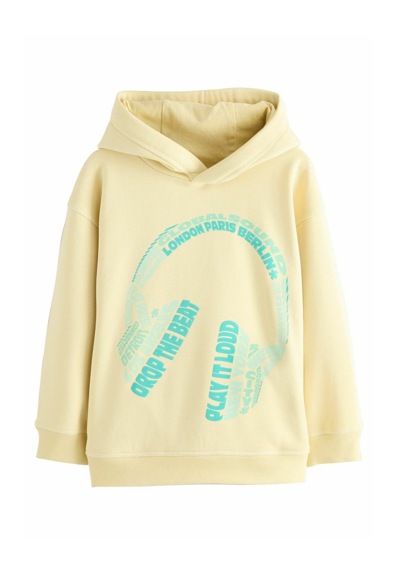 Gelbe Kapuzenjacke aus weichem Material mit lässiger Passform. Mit türkisfarbenem Text und einem auffälligen Grafikdesign von Kopfhörern auf der Vorderseite.