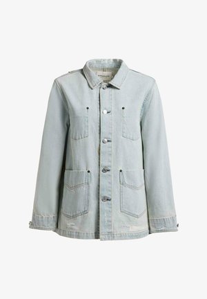 Hele sinine teksajope kraega, esikinnis, kaks rinnataskut klapiga ja kaks alumist taskut, servas veidi kulunud detailid.