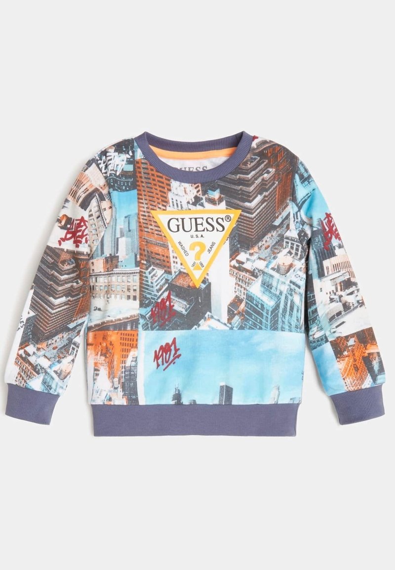 Sweatshirt graphique coloré avec un imprimé de paysage urbain multicolore, arborant un logo triangulaire jaune. Tissu doux, poignets et col côtelés.
