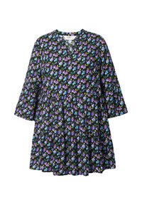 Sort kjole med farverigt blomsterprint i lilla, blå og gul. Har V-hals, trekvart ærmer og en udvidet silhuet.