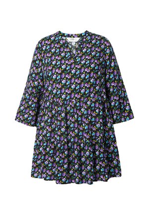 Černé šaty s barevným květinovým potiskem ve fialové, modré a žluté barvě. Mají výstřih do V, tři čtvrtě rukávy a rozšířený střih.