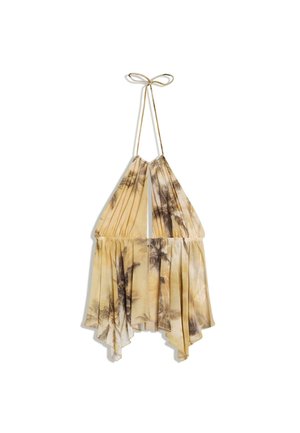 Haut sans manches à col licou avec nouette au cou, tissu beige imprimé de palmiers foncés et ourlet asymétrique fluide.