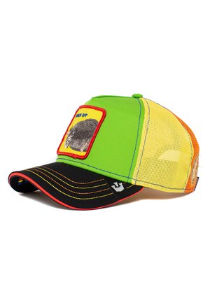 Gorra verde brillante con visera negra, lados de malla amarillos y naranjas, que presenta un parche gráfico con un erizo y el texto "F*** OFF".
