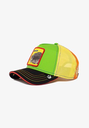 Gorra verde brillante con visera negra, lados de malla amarillos y naranjas, que presenta un parche gráfico con un erizo y el texto "F*** OFF".