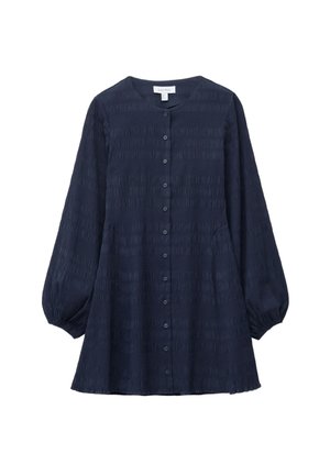 Navy blue button-up dress with textured fabric, long puff sleeves, and a slightly flared hem. Features vertical stripe patterns and side pockets.