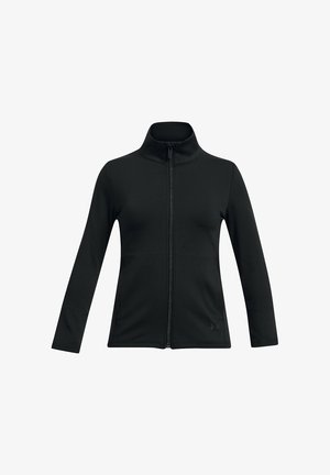 Juoda striukė su full zip užtrauktuku, ilgomis rankovėmis ir aukštu apykakle, minimalistinio dizaino, pagaminta iš lygaus audinio, mažas logotipas prie priekinio briaunos.