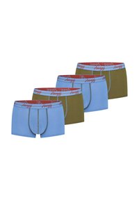Boxer slip blu e verde oliva con fasce elastiche rosse a contrasto, realizzati in un tessuto liscio e con un design aderente.