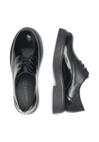 Pantofi negri din piele, cu sireturi și finisaj lucios, vârf rotund, talpă groasă din cauciuc și căptușeală interioară texturată. Design minimalist, fără embellishments.