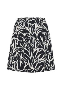 Jupe A-line noir et blanc avec un motif de feuilles, taille élastique, tissu texturé et forme évasée.