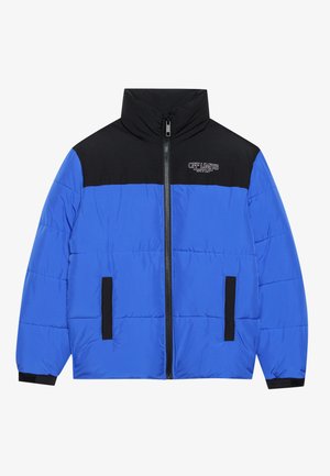 Blue and black insulated jacket with a high collar, zipper front, and two side pockets; features quilted texture and logo on chest.