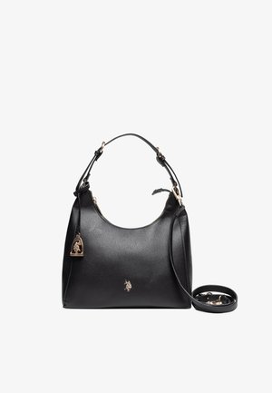 Borsa a tracolla in pelle nera con texture liscia, forma semi-strutturata, dettagli in metallo dorato e tracolla removibile.