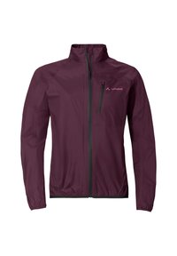 Veste zippée légère de couleur bordeaux avec col montant, poignets élastiques, poche poitrine zippée et logo Vaude sur la poitrine gauche.