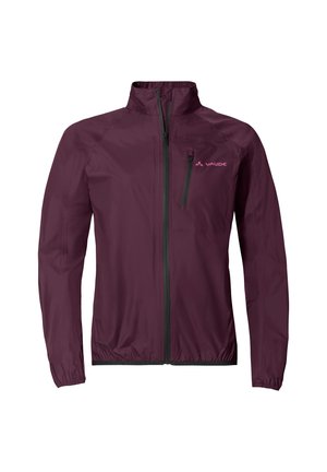 Veste zippée légère de couleur bordeaux avec col montant, poignets élastiques, poche poitrine zippée et logo Vaude sur la poitrine gauche.