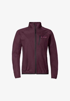 Weinrote, leichte Zip-Jacke mit hohem Kragen, elastischen Bündchen, Brusttasche mit Reißverschluss und Vaude-Logo auf der linken Brust.