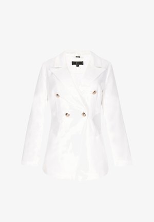 Witte dubbelzijdige blazer met gesneden revers, goudkleurige knopen, lange mouwen en klepzakken. Soepele stof met een getailleerde pasvorm.