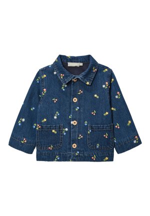 Veste en denim bleu foncé pour tout-petit avec de petites fleurs colorées brodées, boutons sur le devant, col, manches longues et deux poches avant.