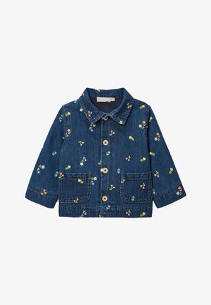 Veste en denim bleu foncé pour tout-petit avec de petites fleurs colorées brodées, boutons sur le devant, col, manches longues et deux poches avant.