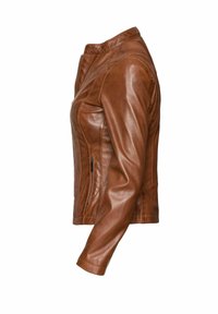 Giacca di pelle marrone con design aderente, chiusura con zip e tasche laterali; texture liscia e leggero lucido.