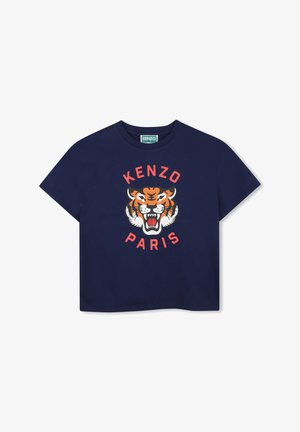 Granatowy bawełniany t-shirt z okrągłym dekoltem i krótkimi rękawami, ozdobiony grafiką tygrysa oraz napisem „KENZO PARIS” w kolorze czerwonym i białym.