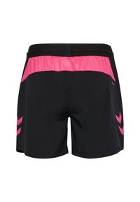 Svarta sportshorts med en rosa meshpanel på baksidan, med rosa chevron-accenter på sidorna och elastisk midja.