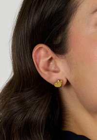 Orecchino a forma di cuore in oro con superficie lucida, posizionato su uno sfondo di capelli scuri. Include bordi lisci e una finitura lucida.