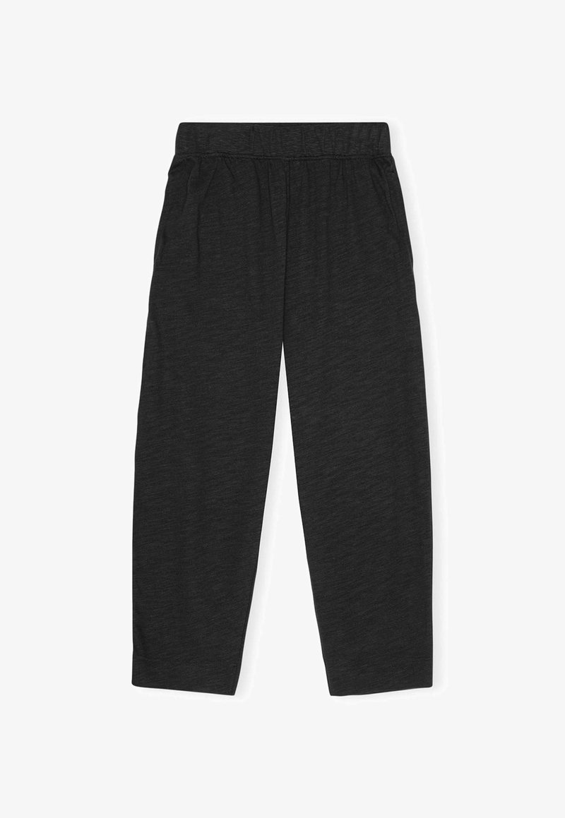 Melni, brīvi pieguļoši bikses, kas izgatavotas no mīkstas auduma ar elastīgu jostasvietu; tām ir gluda tekstūra un taisnas kājas dizains.