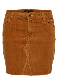 Brun ribbad minikjol med framtill sprund, bältesöglor, knappstängning och sidofickor.