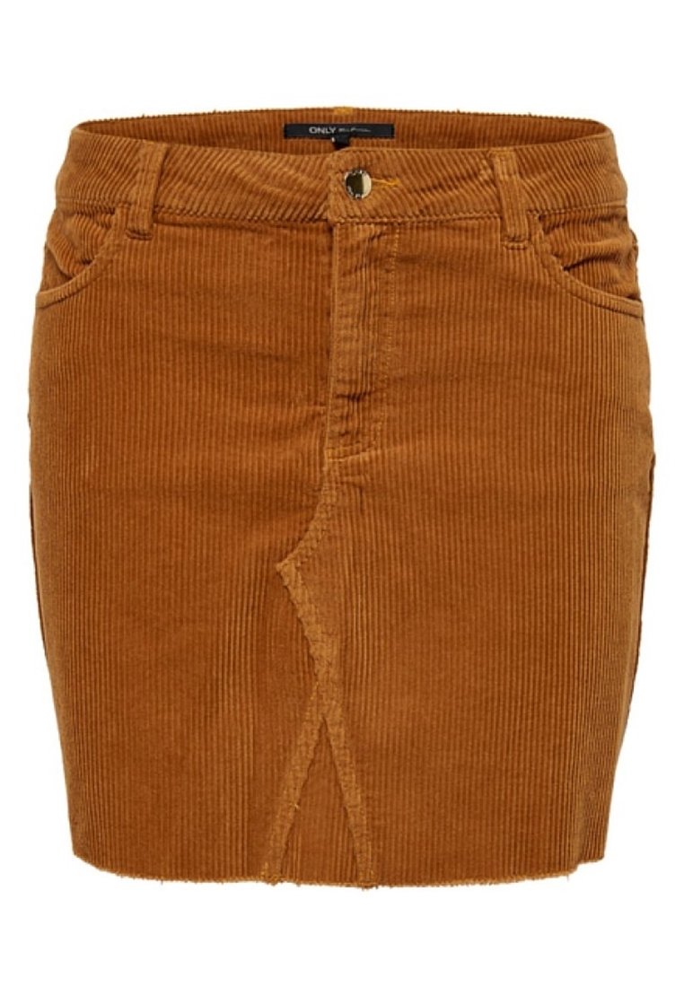 Brun ribbad minikjol med framtill sprund, bältesöglor, knappstängning och sidofickor.