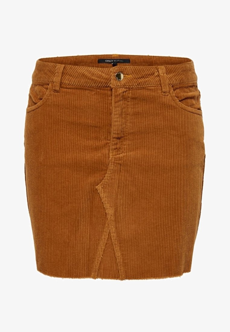 Brown corduroy mini skirt with front slit, belt loops, button closure, and side pockets.